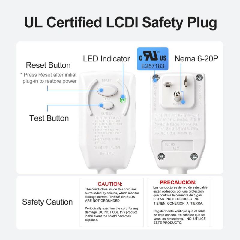 Cable de alimentación Baomain 20A 240V con protección LCDI y enchufe NEMA 6-20P