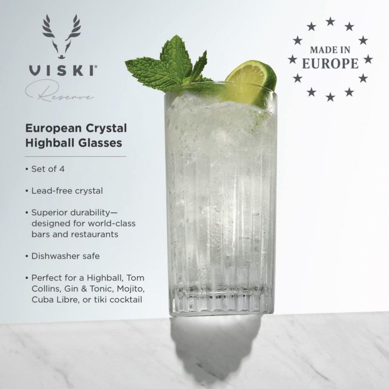 Vasos Highball de Cristal Viski Reserve Milo - Juego de 4 vasos tipo Collins de 14 oz para cócteles bodas aniversarios y ocasiones especiales