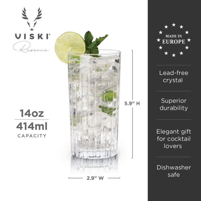 Vasos Highball de Cristal Viski Reserve Milo - Juego de 4 vasos tipo Collins de 14 oz para cócteles bodas aniversarios y ocasiones especiales