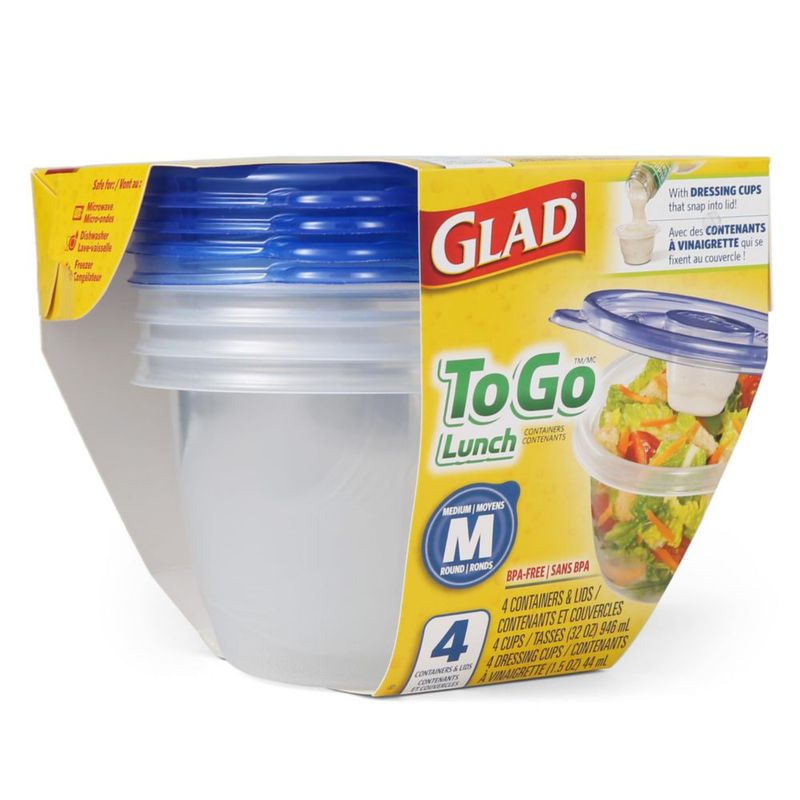 Fiambrera Glad 946 ml paquete de 4 con vaso para aderezo
