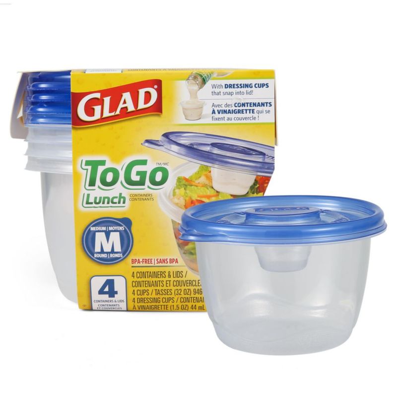 Fiambrera Glad 946 ml paquete de 4 con vaso para aderezo