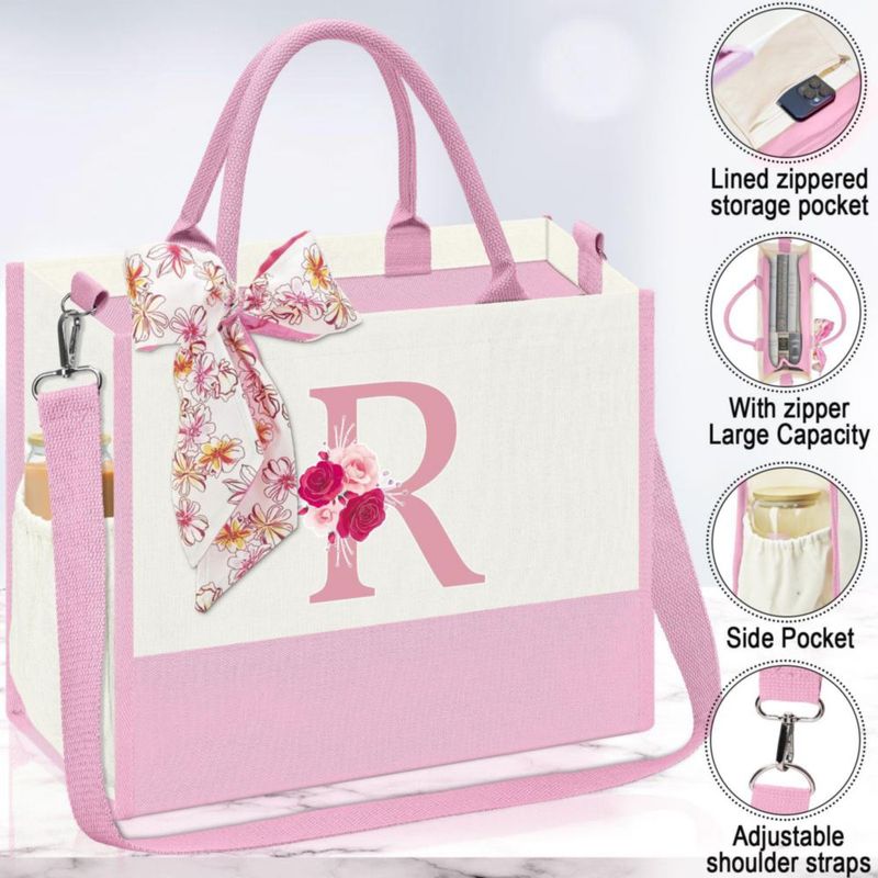 Bolso Tote de Lona AiHeart con Inicial y Bolsillo