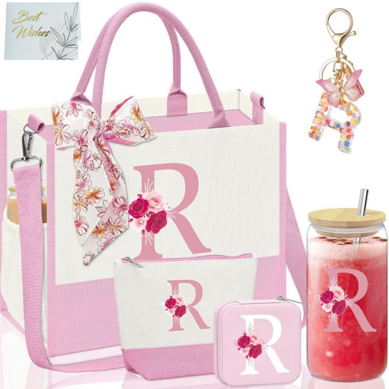 Bolso Tote de Lona AiHeart con Inicial y Bolsillo