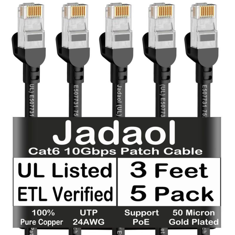 Cable Ethernet Jadaol Cat6 3 pies (91 cm) 5 unidades 10 Gbps negro