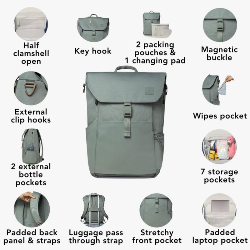 Mochila pañalera Huhu Outdoorsy Sage impermeable
