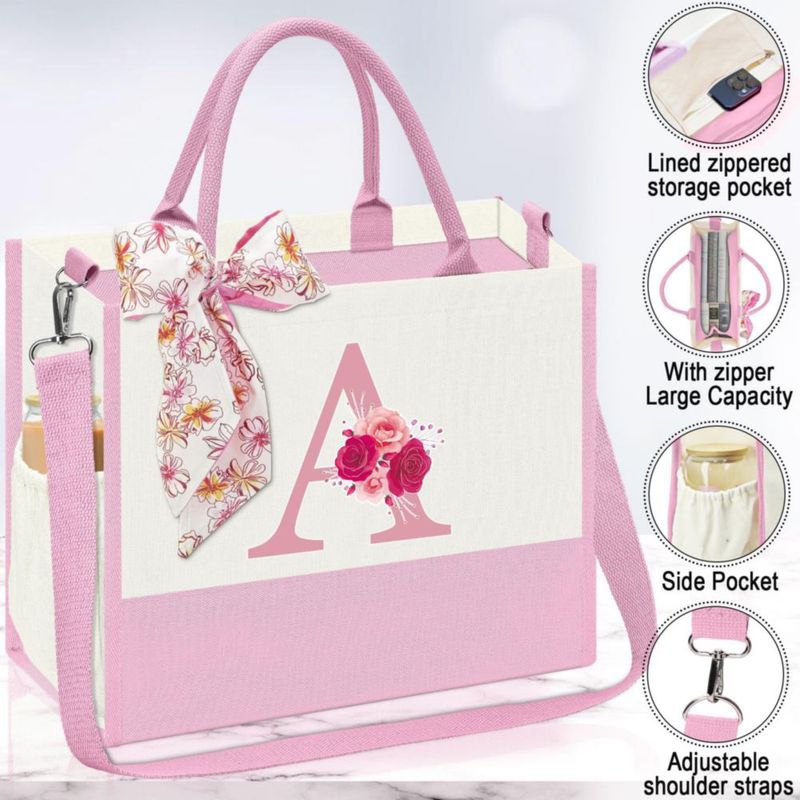 Bolso Tote de Lona AiHeart con Inicial y Bolsillo Interior