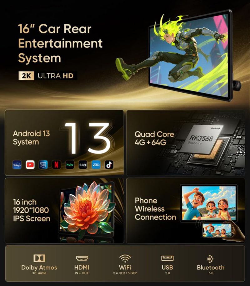 TV para coche Seventour 41 cm Android WiFi Bluetooth 4G + 64 GB