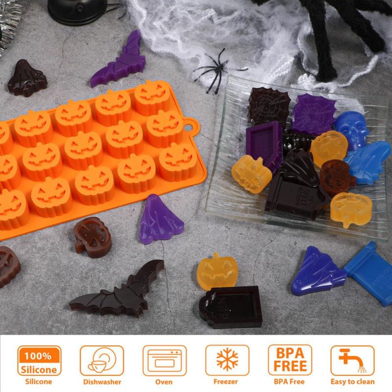 Webake Molde de Silicona para Halloween con Calabaza Calabaza de Halloween Calavera Lápida Fantasma Murciélago y Araña Molde para Chocolate Caramelos