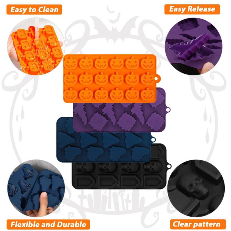 Webake Molde de Silicona para Halloween con Calabaza Calabaza de Halloween Calavera Lápida Fantasma Murciélago y Araña Molde para Chocolate Caramelos