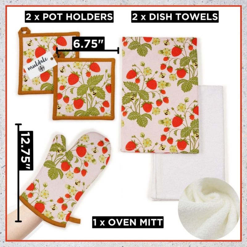 Set de 5 piezas Muldale con diseño de fresa: posavasos paños y guante de horno