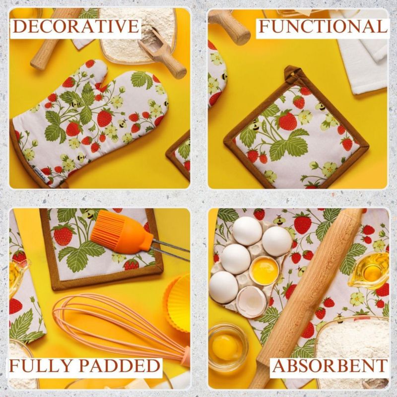Set de 5 piezas Muldale con diseño de fresa: posavasos paños y guante de horno
