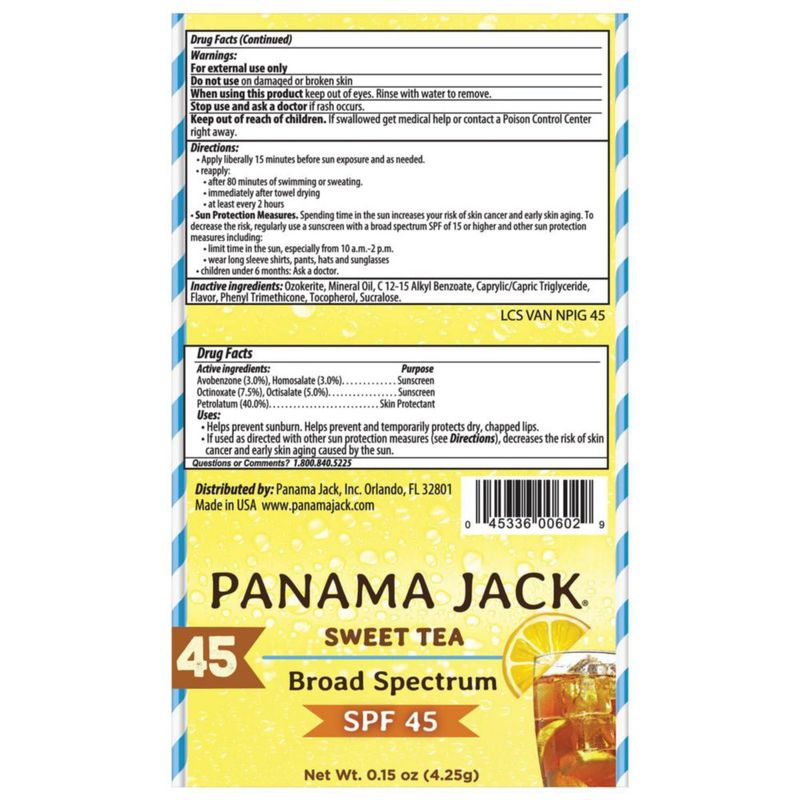 Bálsamo labial con protector solar Panama Jack SPF 45 Sweet Tea - paquete de 12
