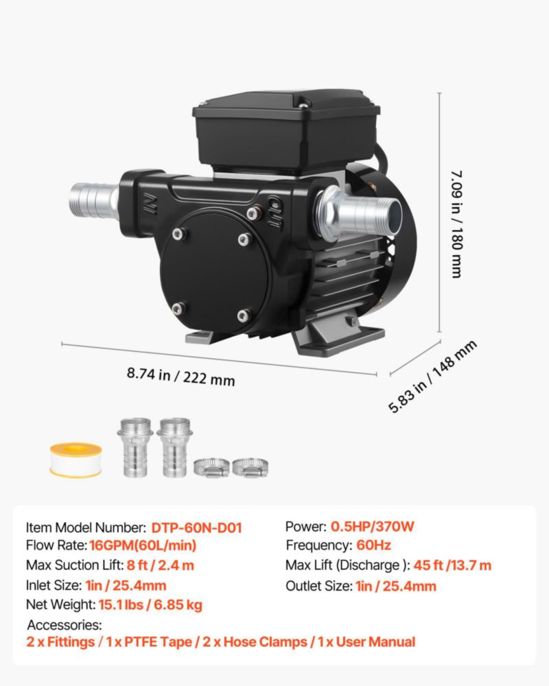 Bomba de Transferencia de Aceite VEVOR 60 L/min 110 V Entrada/Salida 1"