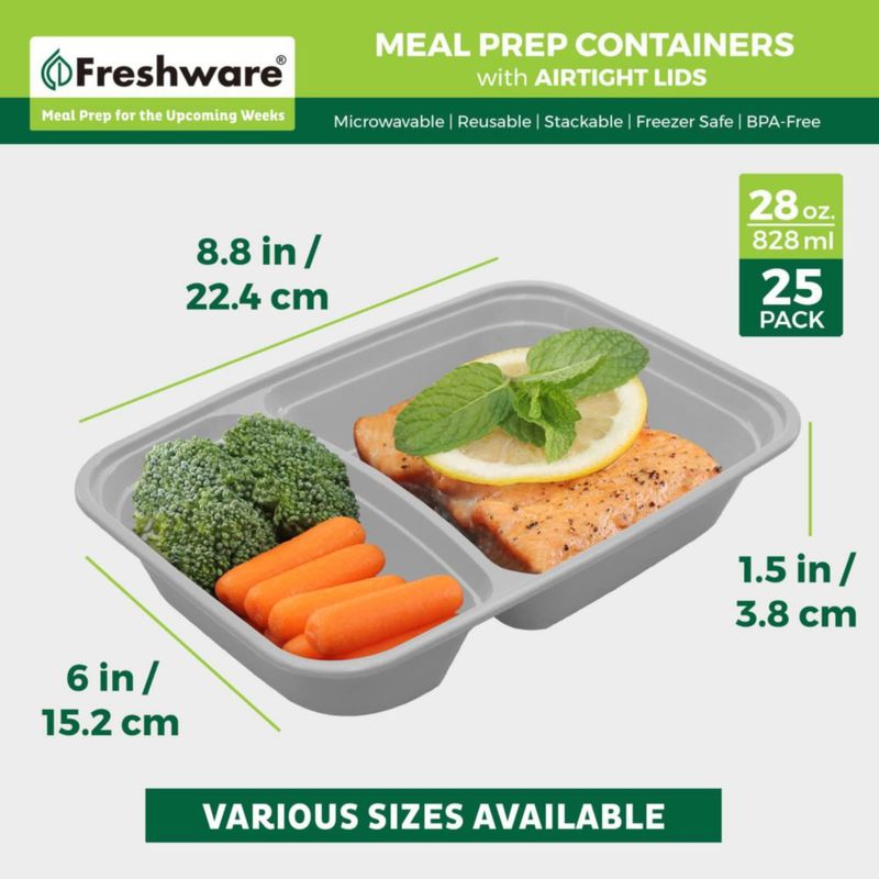 Envases para preparar comidas Freshware 800 ml Pack de 25 con 2 compartimentos