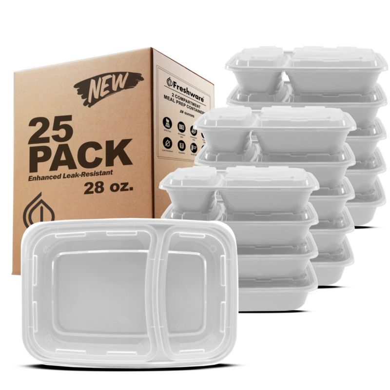Envases para preparar comidas Freshware 800 ml Pack de 25 con 2 compartimentos