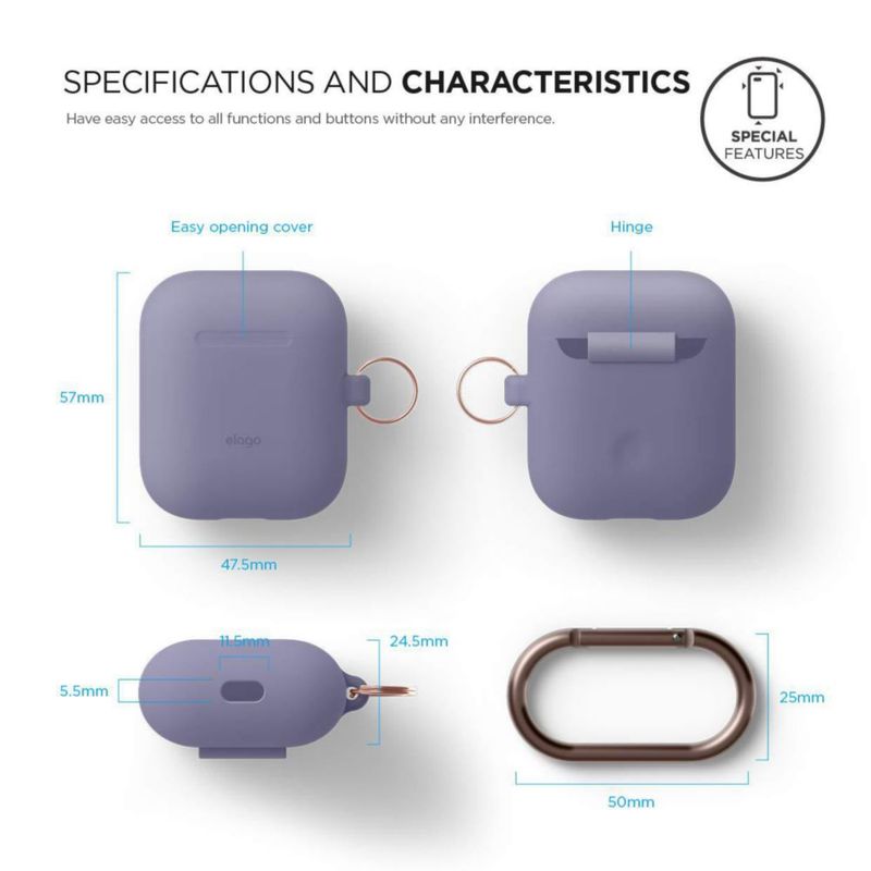 Funda de silicona elago para AirPods con llavero Lavanda Gris