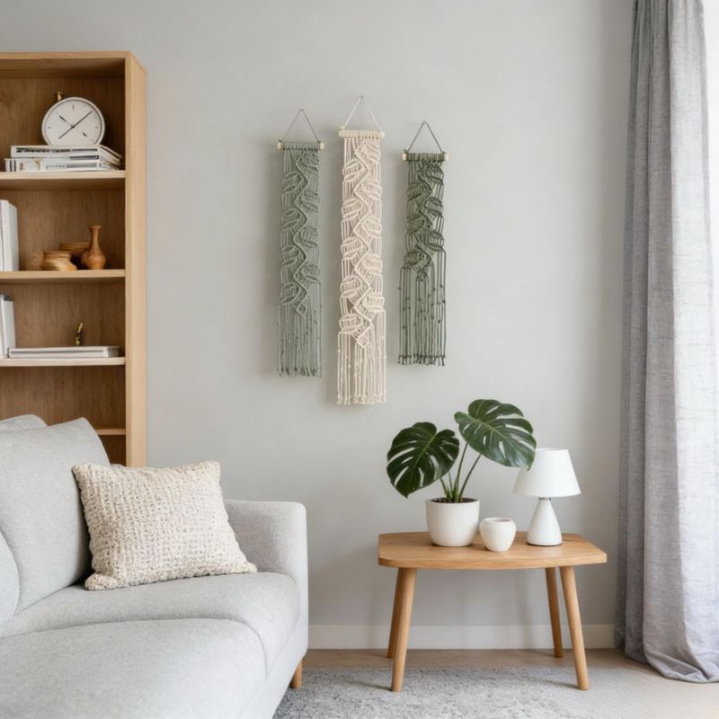 Arte de Pared M MANUAL – Set de 3 Piezas con Hoja de Macramé Verde Boho
