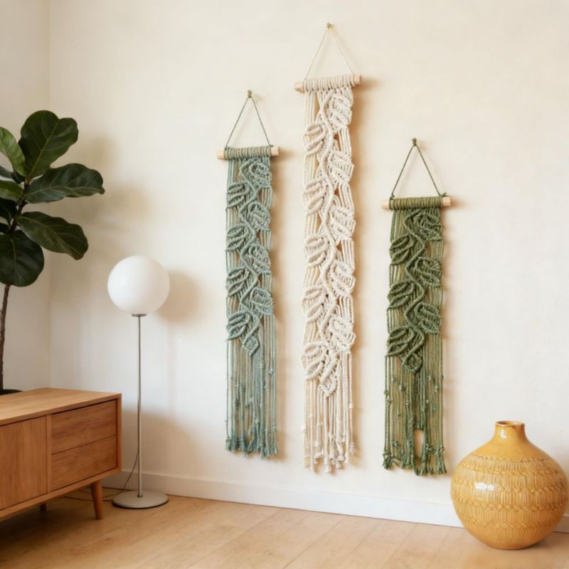 Arte de Pared M MANUAL – Set de 3 Piezas con Hoja de Macramé Verde Boho