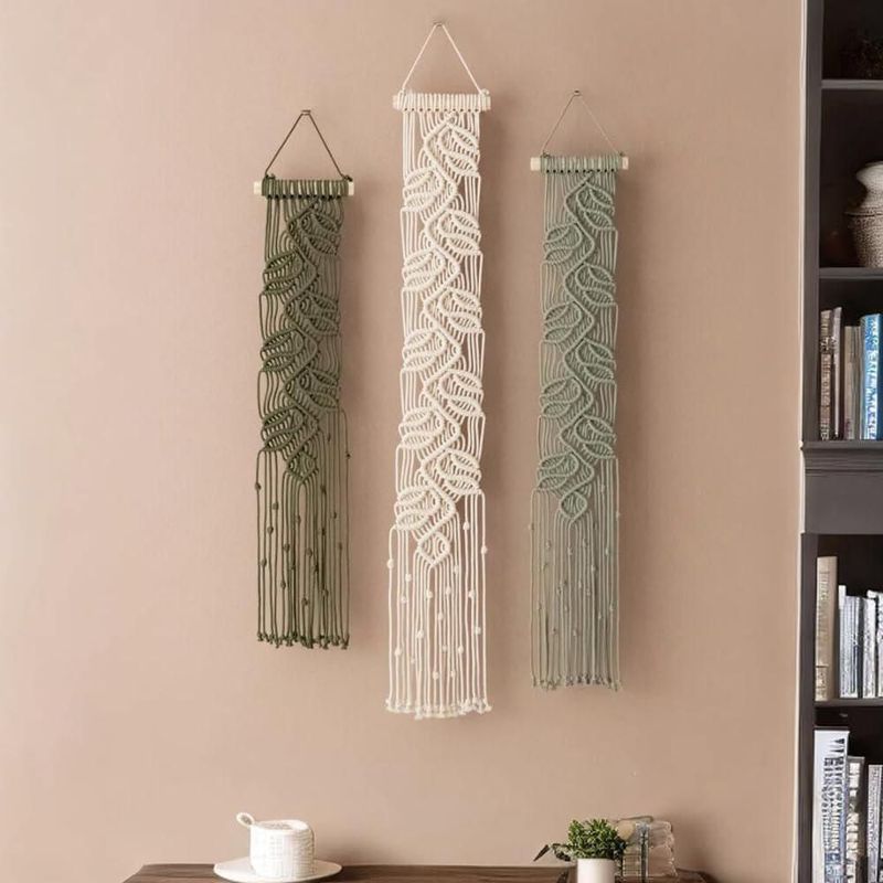 Arte de Pared M MANUAL – Set de 3 Piezas con Hoja de Macramé Verde Boho