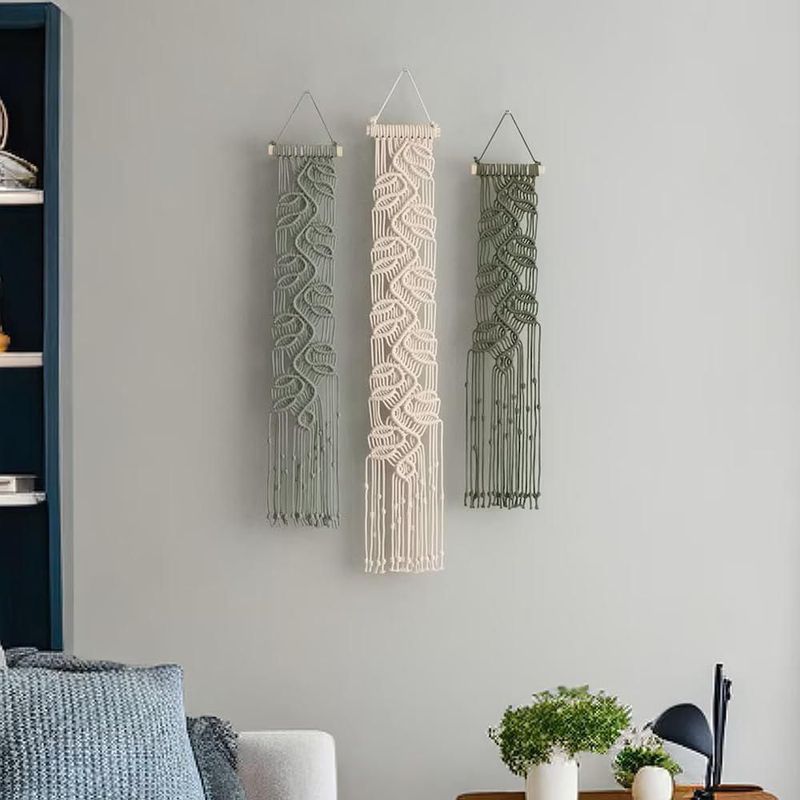 Arte de Pared M MANUAL – Set de 3 Piezas con Hoja de Macramé Verde Boho