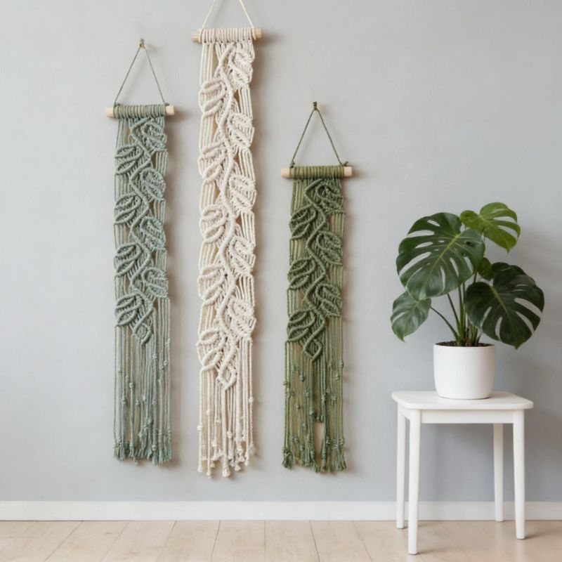 Arte de Pared M MANUAL – Set de 3 Piezas con Hoja de Macramé Verde Boho