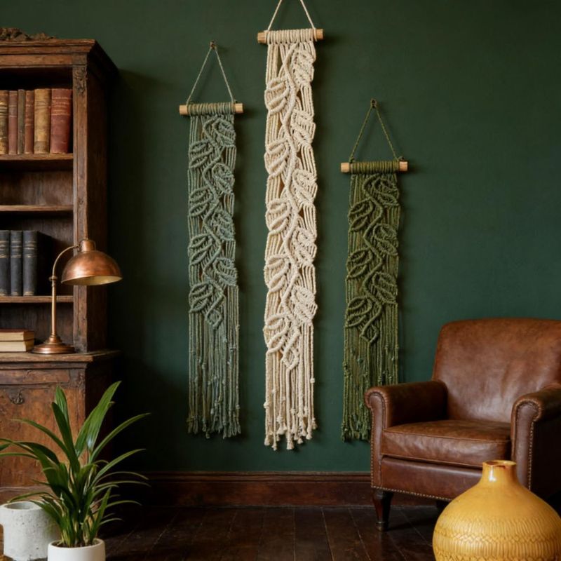 Arte de Pared M MANUAL – Set de 3 Piezas con Hoja de Macramé Verde Boho