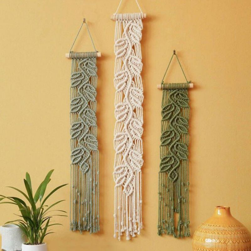 Arte de Pared M MANUAL – Set de 3 Piezas con Hoja de Macramé Verde Boho