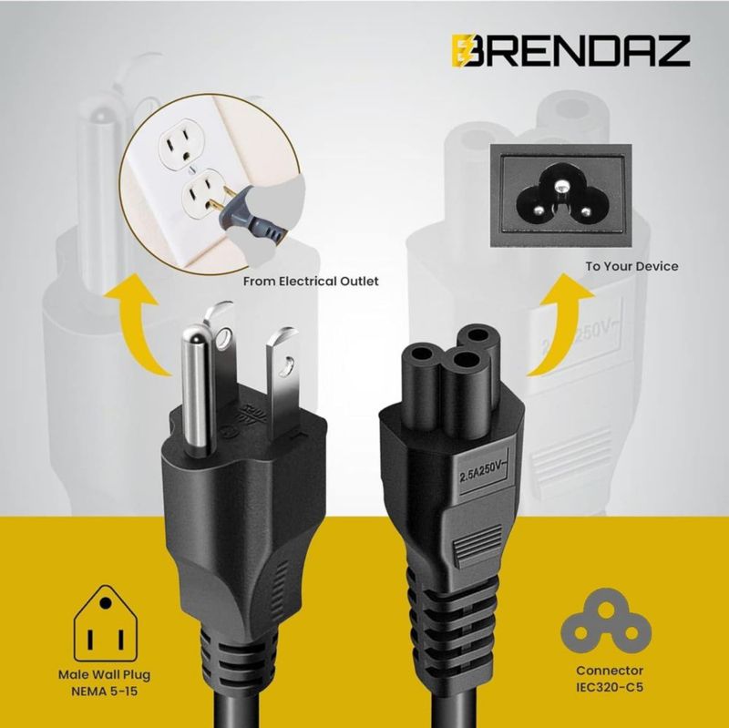 Cable de alimentación BRENDAZ 3 m NEMA 5‑15P a C5 de 3 clavijas