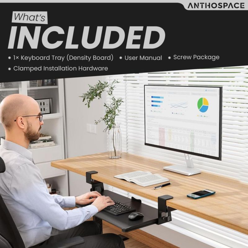Bandeja para teclado ANTHOSPACE de 64 cm con sujeción tipo abrazadera y deslizamiento