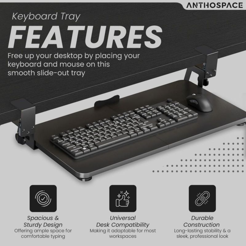 Bandeja para teclado ANTHOSPACE de 64 cm con sujeción tipo abrazadera y deslizamiento