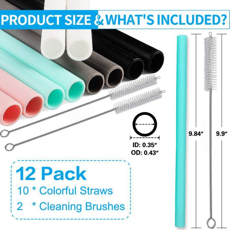 Juego de 10 pajillas de silicona rectas para batidos grandes reutilizables con cepillos de limpieza – Extra largas para vasos de 20 oz y 30 oz –