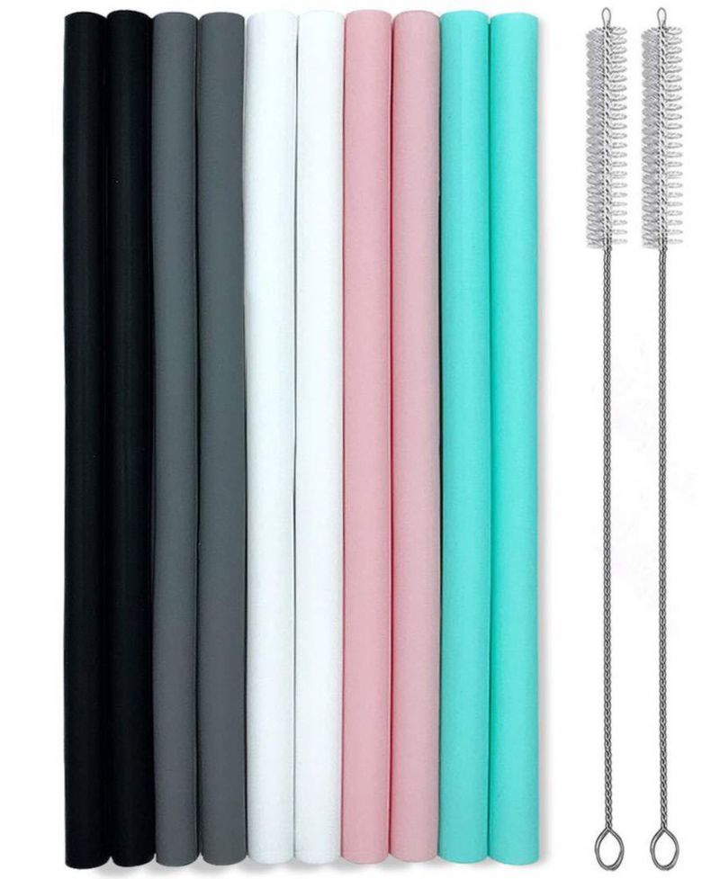 Juego de 10 pajillas de silicona rectas para batidos grandes reutilizables con cepillos de limpieza – Extra largas para vasos de 20 oz y 30 oz –