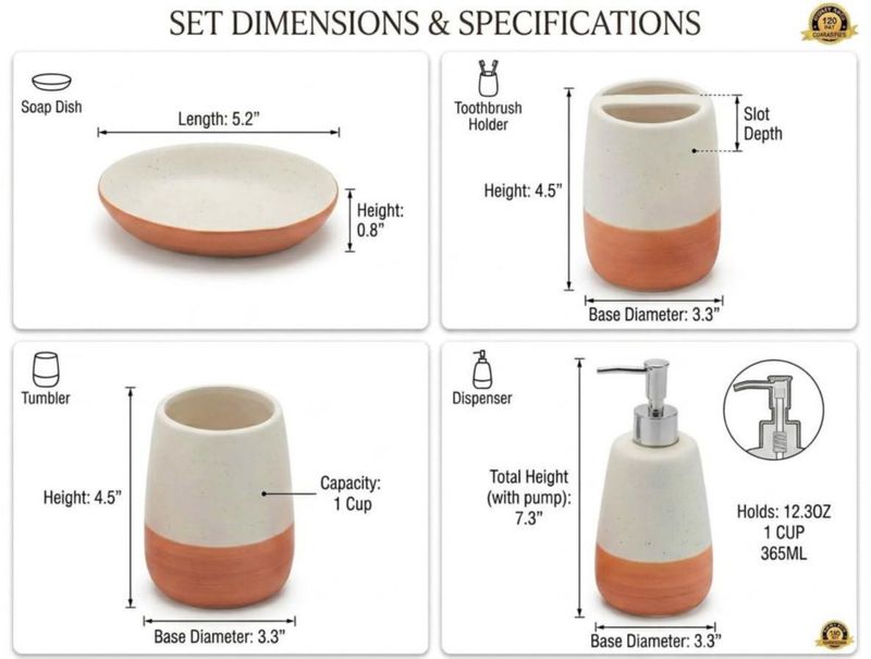 Set de accesorios de baño genérico de 4 piezas blanco moteado y terracota
