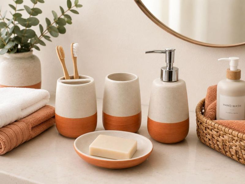 Set de accesorios de baño genérico de 4 piezas blanco moteado y terracota