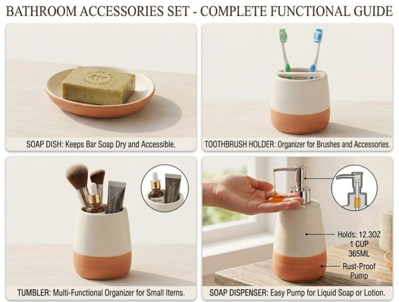 Set de accesorios de baño genérico de 4 piezas blanco moteado y terracota