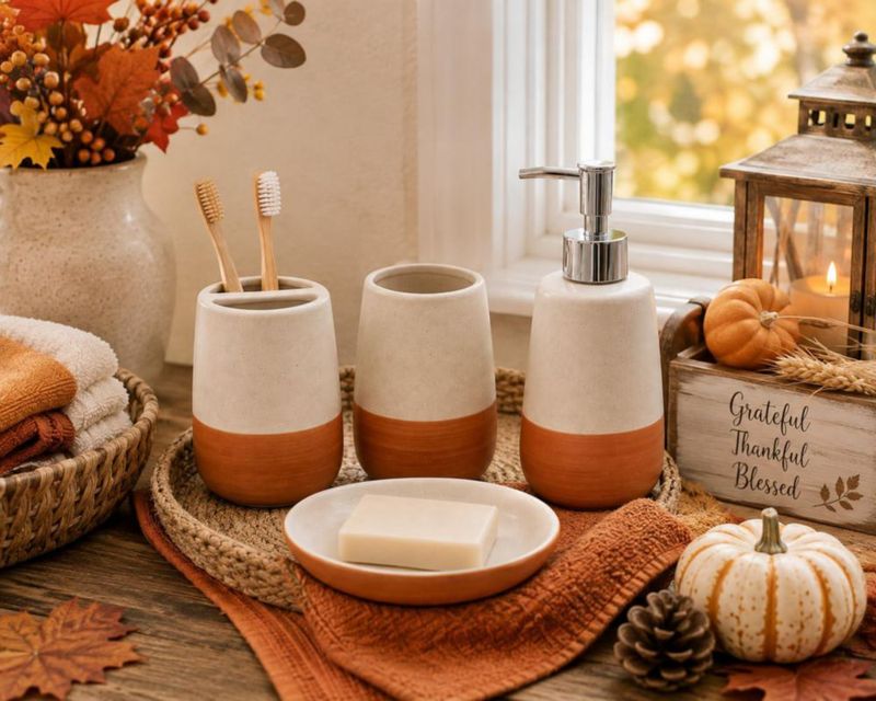 Set de accesorios de baño genérico de 4 piezas blanco moteado y terracota