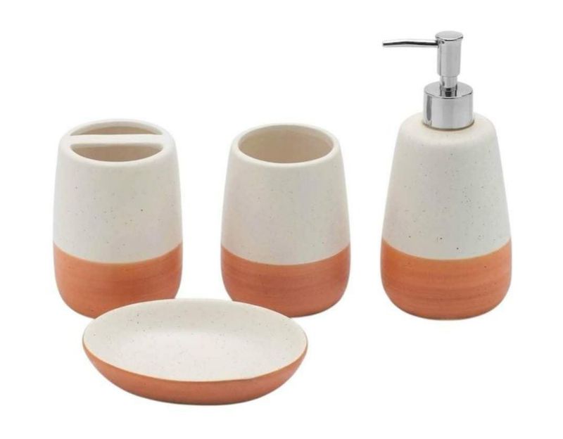 Set de accesorios de baño genérico de 4 piezas blanco moteado y terracota