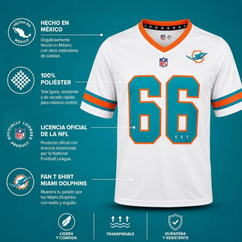 Playera Aficionado NFL Miami Dolphins Manga Corta Blanco Hombre