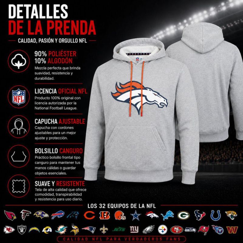 Sudadera Hoodie NFL Denver Broncos Manga Larga Gris Hombre