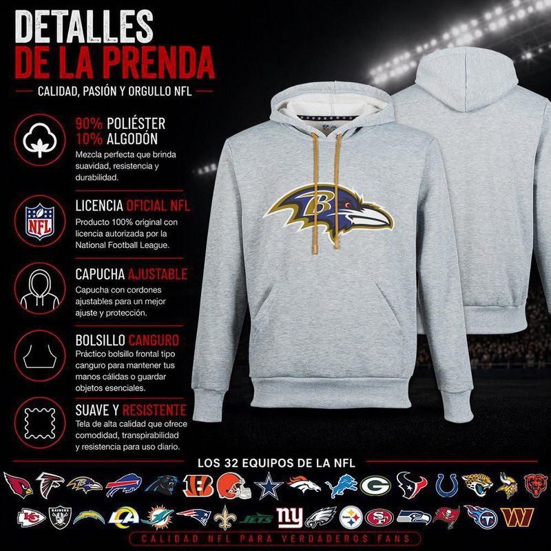 Sudadera Hoodie NFL Baltimore Ravens Manga Larga Gris Hombre