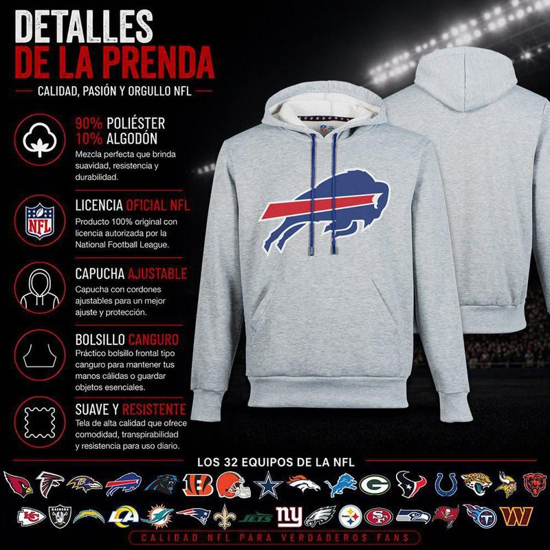 Sudadera Hoodie NFL Buffalo Bills Manga Larga Gris Hombre