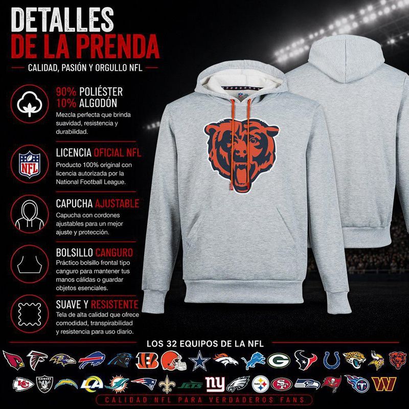 Sudadera Hoodie NFL Chicago Bears Manga Larga Gris Hombre