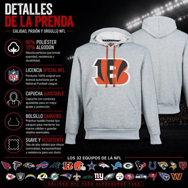 Sudadera Hoodie NFL Cincinnati Bengals Manga Larga Gris Hombre