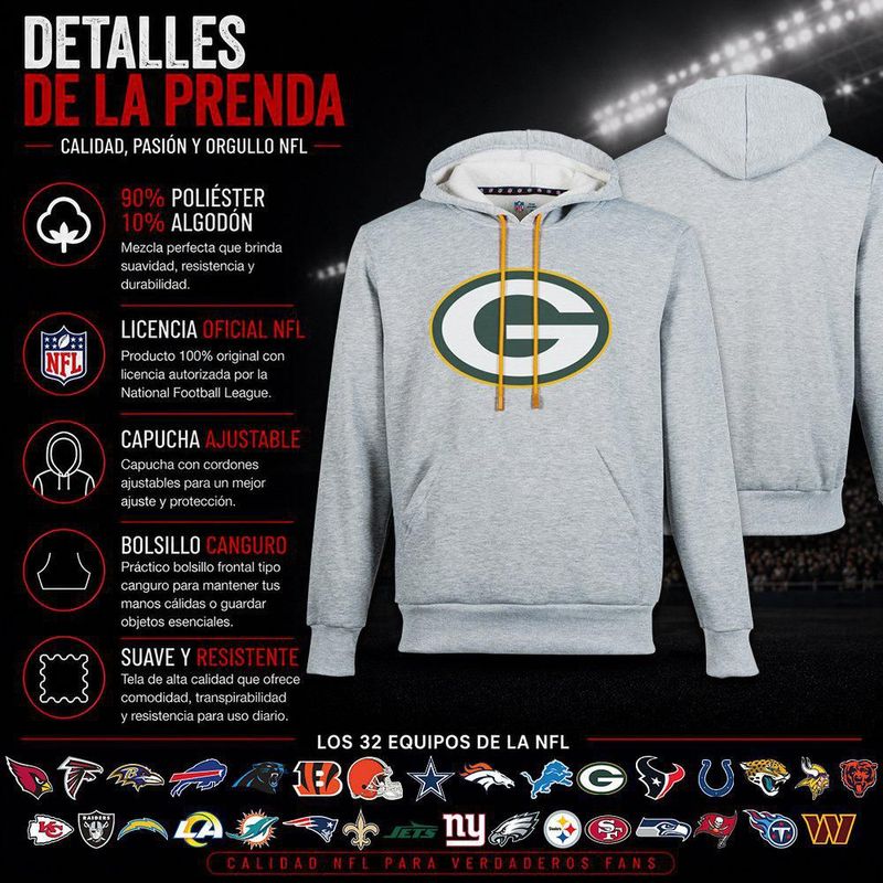 Sudadera Hoodie NFL Green Bay Packers Manga Larga Gris Hombre