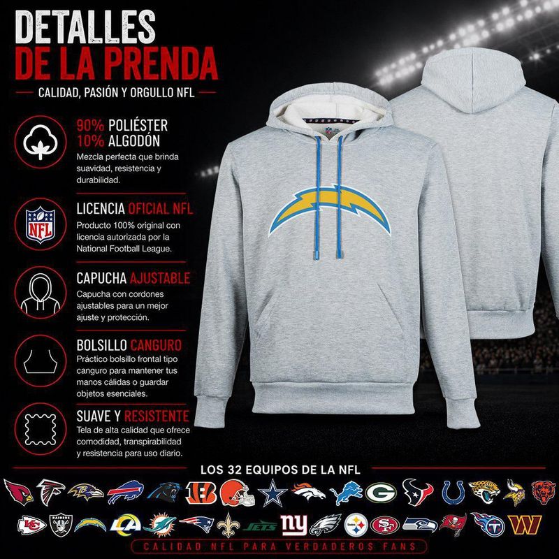 Sudadera Hoodie NFL Los Angeles Chargers Manga Larga Gris Hombre