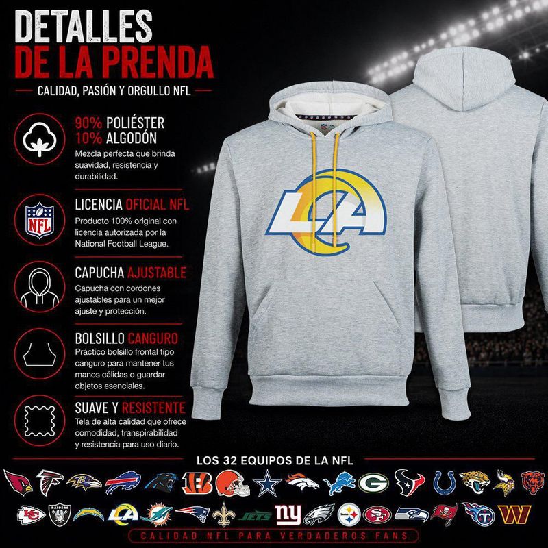 Sudadera Hoodie NFL Los Angeles Rams Manga Larga Gris Hombre