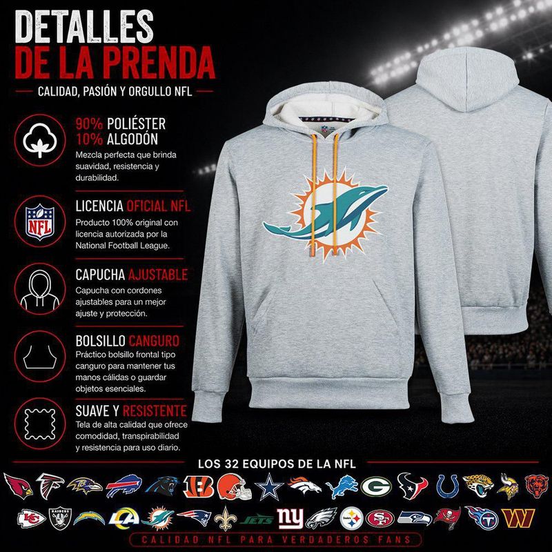 Sudadera Hoodie NFL Miami Dolphins Manga Larga Gris Hombre