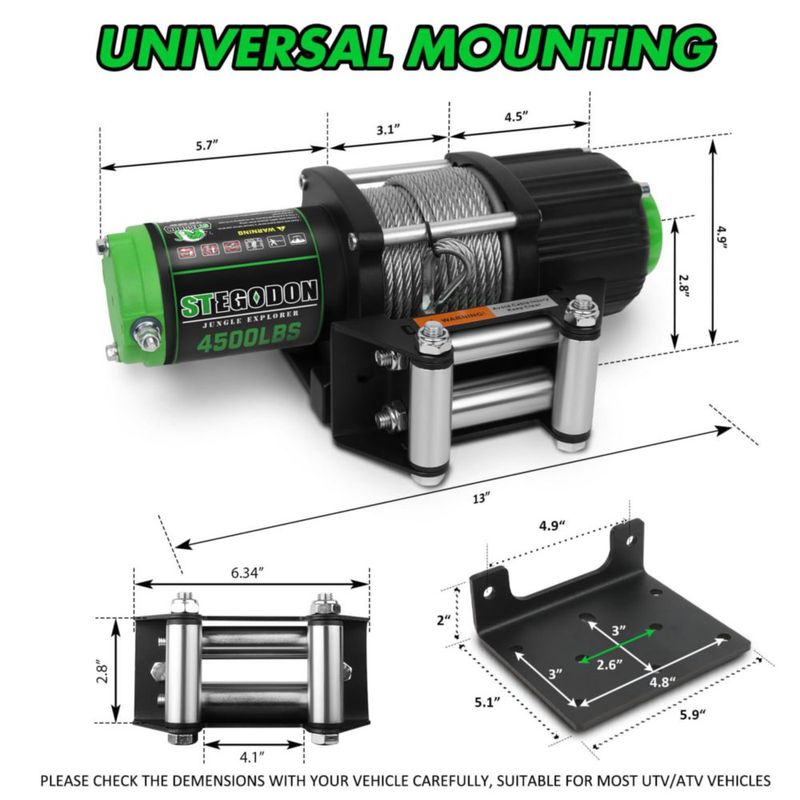 Cabrestante STEGODON 4500 lb 12 V Impermeable e Inalámbrico para ATV/UTV