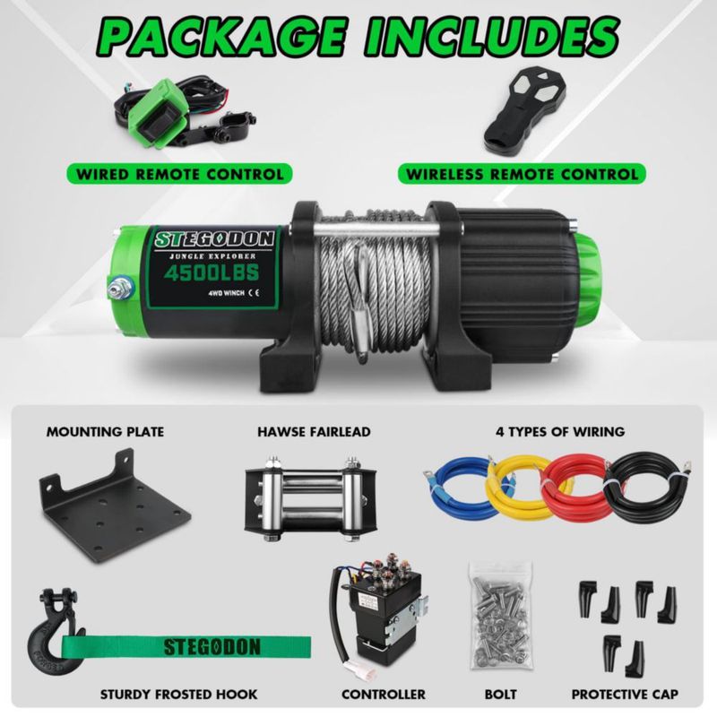 Cabrestante STEGODON 4500 lb 12 V Impermeable e Inalámbrico para ATV/UTV
