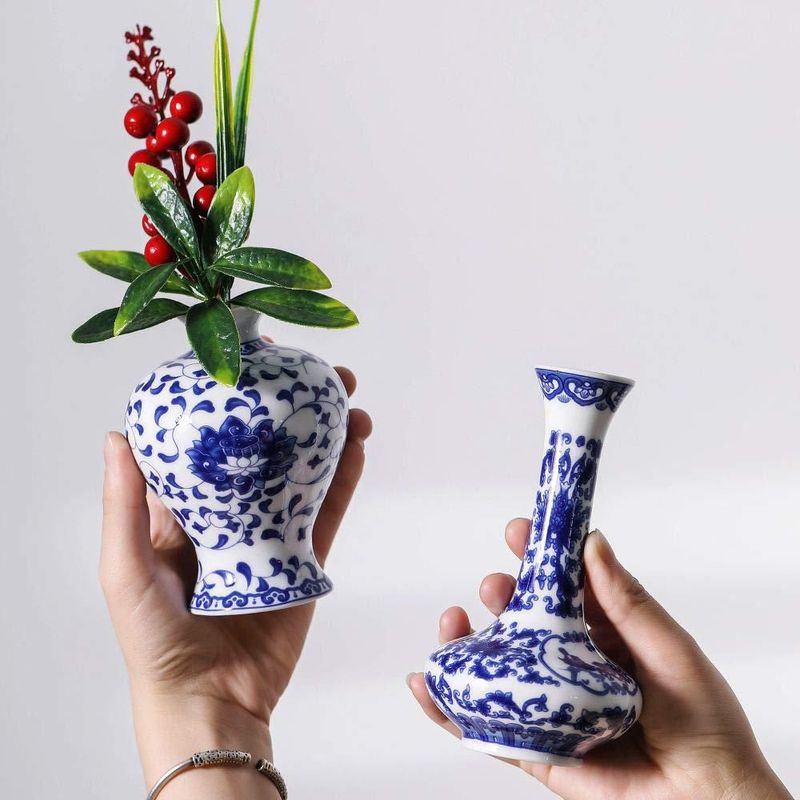 Juego de 3 Mini Floreros de Cerámica Azul y Blanca LANLONG